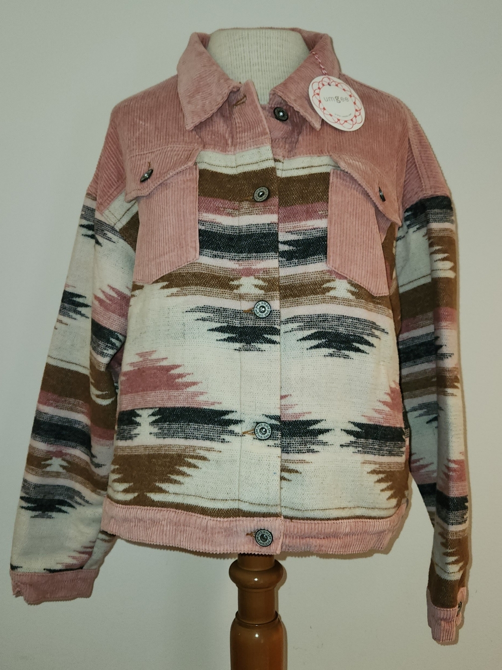 Umgee Women's Pink Patterned Corduroy-Trim Jacket